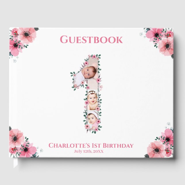 Big 1st Birthday Photo Collage Flower Girl White Gästböcker (Framsida)