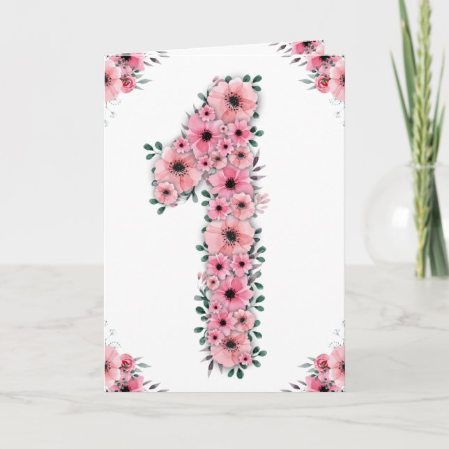 Big 1st Birthday Rosa Flowers Grönt Foliage Girl Kort (Framsida)