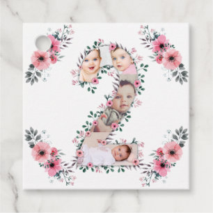 Big 2nd Birthday Girl Photo Collage Rosa Flower Gåvor Etiketter