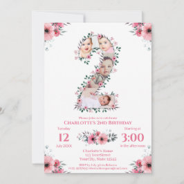 Big 2nd Birthday Girl Photo Collage Rosa Flower Inbjudningar
