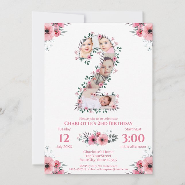 Big 2nd Birthday Girl Photo Collage Rosa Flower Inbjudningar (Framsida)
