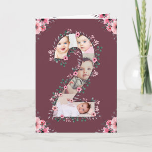Big 2nd Birthday Girl Photo Collage Rosa Flower Kort