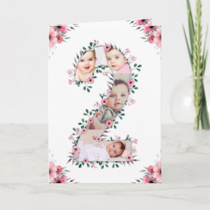 Big 2nd Birthday Girl Photo Collage Rosa Flower Kort