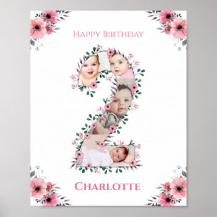 Big 2nd Birthday Girl Photo Collage Rosa Flower Poster