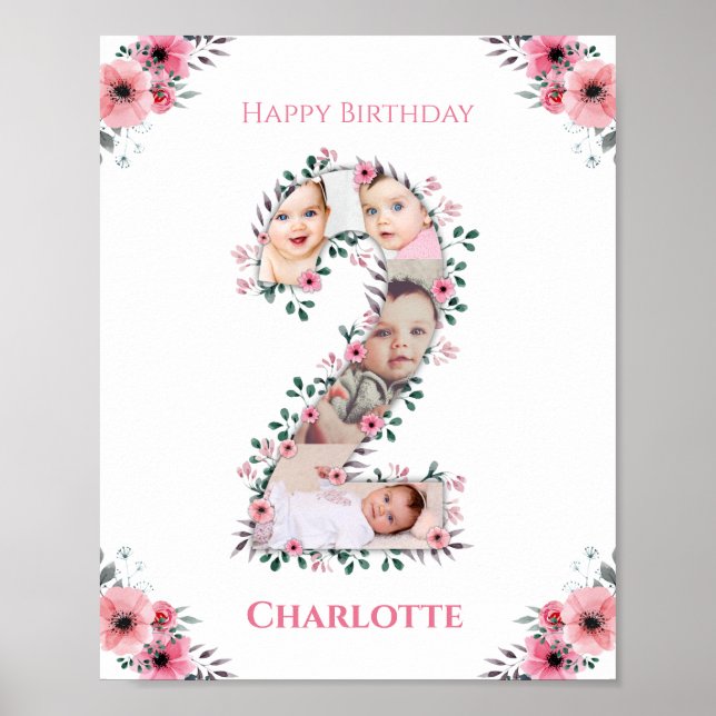 Big 2nd Birthday Girl Photo Collage Rosa Flower Poster (Framsidan)