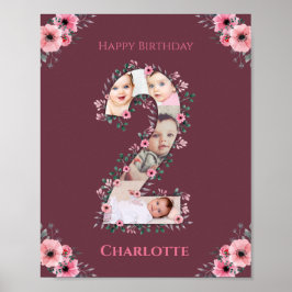 Big 2nd Birthday Girl Photo Collage Rosa Flower Poster