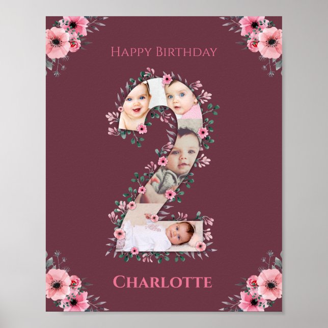 Big 2nd Birthday Girl Photo Collage Rosa Flower Poster (Framsidan)