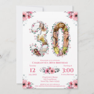 Big 30års födelsedag Photo Collage Rosa Flower Whi Inbjudningar