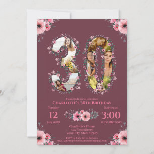 Big 30års födelsedag Photo Collage Rosa Flower Wom Inbjudningar