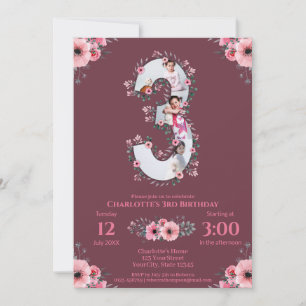Big 3rd Birday Girl Photo Collage Rosa Flower in Inbjudningar