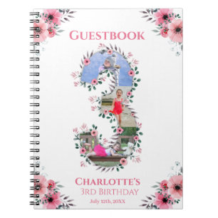 Big 3rd Birday Girl Photo Rosa Flower Guest Bok Anteckningsbok