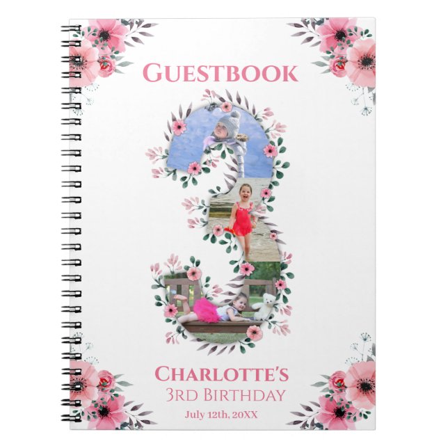 Big 3rd Birday Girl Photo Rosa Flower Guest Bok Anteckningsbok (Framsidan)