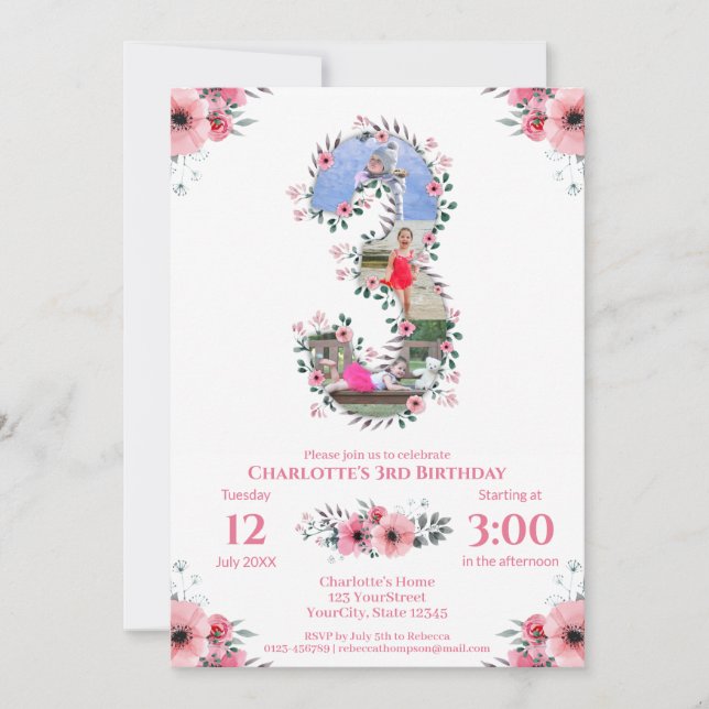 Big 3rd Birthday Girl Photo Collage Rosa Flower Inbjudningar (Framsida)