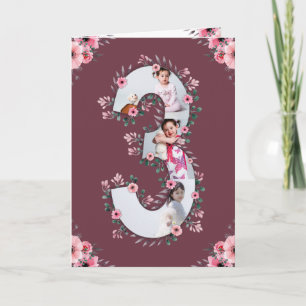 Big 3rd Birthday Girl Photo Collage Rosa Flower Kort