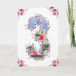 Big 3rd Birthday Girl Photo Collage Rosa Flower Kort