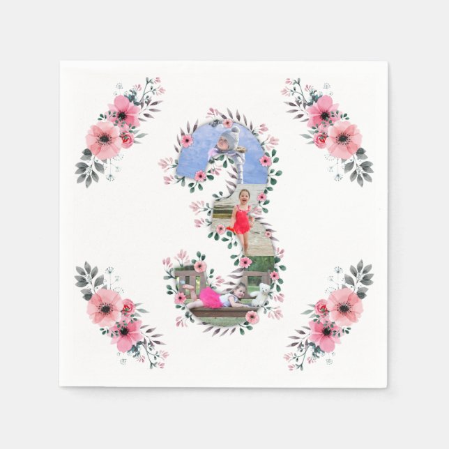 Big 3rd Birthday Girl Photo Collage Rosa Flower Pappersservett (Framsidan)