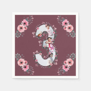 Big 3rd Birthday Girl Photo Collage Rosa Flower Pappersservett