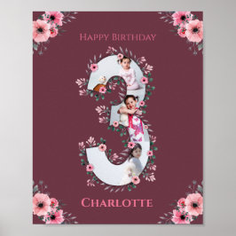 Big 3rd Birthday Girl Photo Collage Rosa Flower Poster