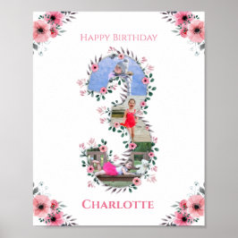 Big 3rd Birthday Girl Photo Collage Rosa Flower Poster