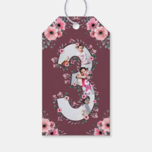 Big 3rd Birthday Girl Photo Collage Rosa Flower Presentetikett