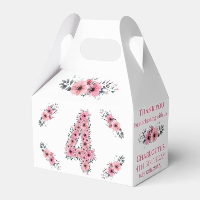 Big 4e födelsedagen Girl Grönt Foliage Rosa Flower Presentaskar (Framsidan Sidan)