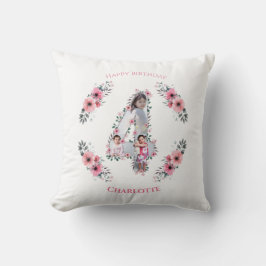 Big 4e födelsedagen Girl Photo Collage Rosa Flower Kudde