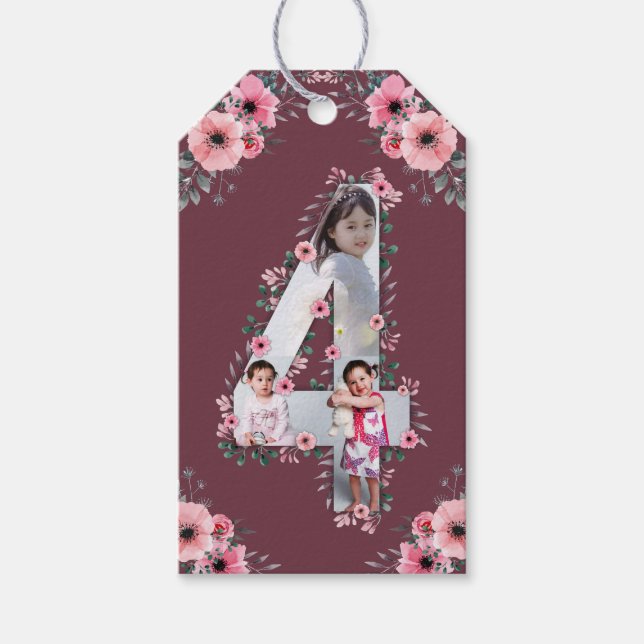Big 4e födelsedagen Girl Photo Collage Rosa Flower Presentetikett (Framsidan)