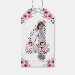 Big 4e födelsedagen Girl Photo Collage Rosa Flower Presentetikett