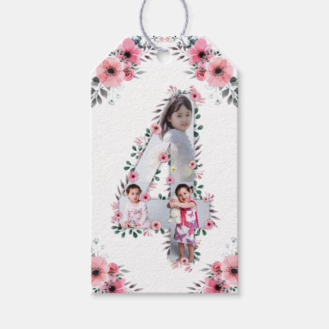 Big 4e födelsedagen Girl Photo Collage Rosa Flower Presentetikett (Framsidan)