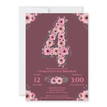 Big 4e födelsedagen Rosa Flowers Girl Grönt Foliag