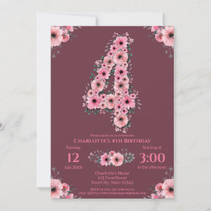 Big 4e födelsedagen Rosa Flowers Girl Grönt Foliag Inbjudningar