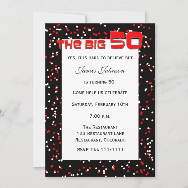"BIG 50" 50:e födelsedagsinbjudan om svart Inbjudningar (Framsida)