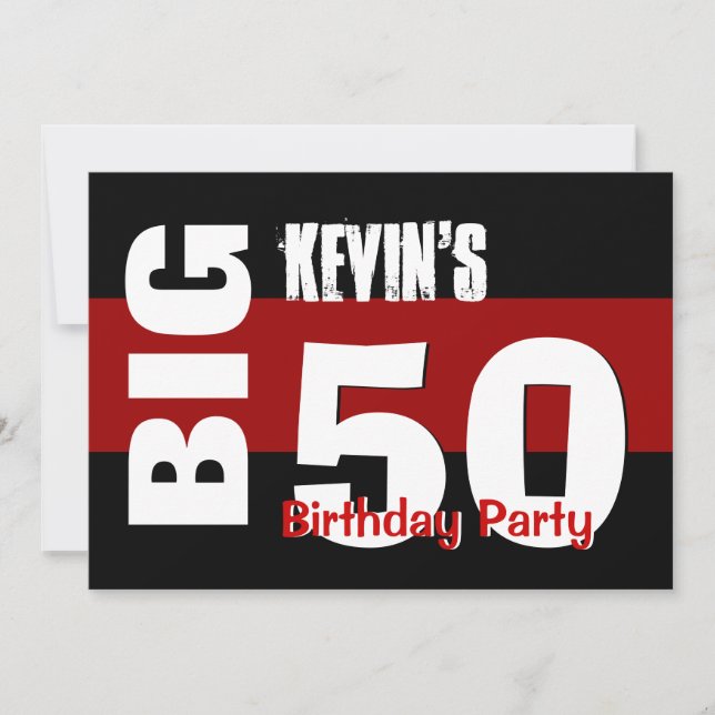 Big 50 Birthday Modern Red White Black W1709 Inbjudningar (Framsida)