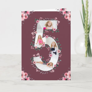Big 5th Birthday Girl Photo Collage Rosa Flower Kort