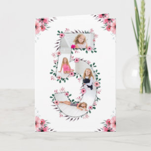 Big 5th Birthday Girl Photo Collage Rosa Flower Kort