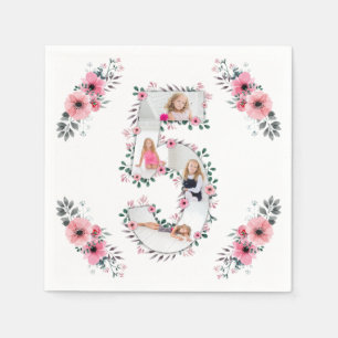 Big 5th Birthday Girl Photo Collage Rosa Flower Pappersservett
