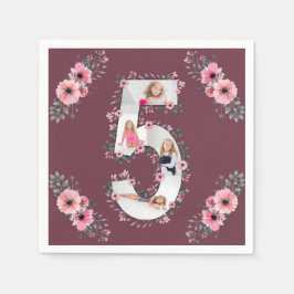Big 5th Birthday Girl Photo Collage Rosa Flower Pappersservett