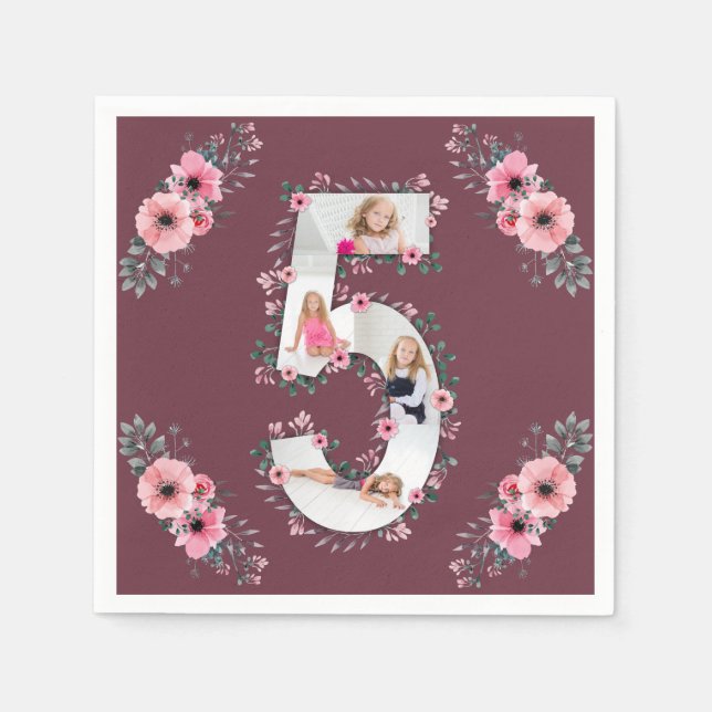 Big 5th Birthday Girl Photo Collage Rosa Flower Pappersservett (Framsidan)