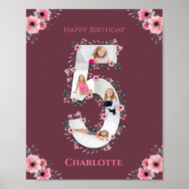 Big 5th Birthday Girl Photo Collage Rosa Flower Poster