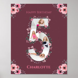 Big 5th Birthday Girl Photo Collage Rosa Flower Poster