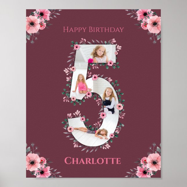 Big 5th Birthday Girl Photo Collage Rosa Flower Poster (Framsidan)