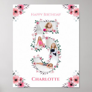 Big 5th Birthday Girl Photo Collage Rosa Flower Poster