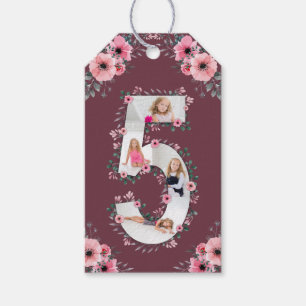 Big 5th Birthday Girl Photo Collage Rosa Flower Presentetikett