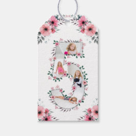 Big 5th Birthday Girl Photo Collage Rosa Flower Presentetikett