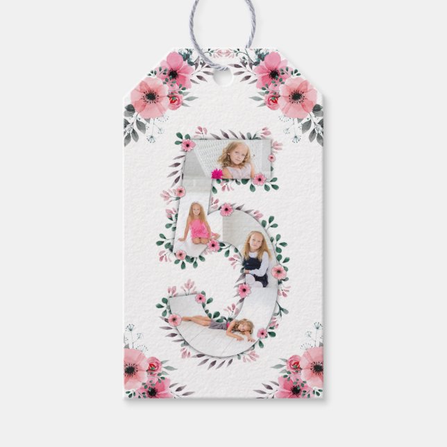 Big 5th Birthday Girl Photo Collage Rosa Flower Presentetikett (Framsidan)