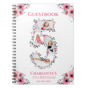 Big 5th Birthday Girl Photo Rosa Flower Guest Bok Anteckningsbok
