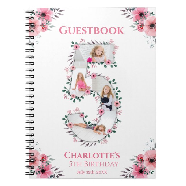 Big 5th Birthday Girl Photo Rosa Flower Guest Bok Anteckningsbok (Framsidan)