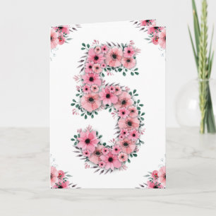 Big 5th Birthday Girl Rosa Flowers Grönt Foliage Kort