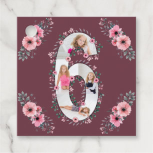 Big 6e Birthday Girl Photo Collage Rosa Flower Gåvor Etiketter