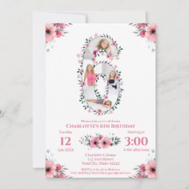 Big 6e Birthday Girl Photo Collage Rosa Flower Inbjudningar